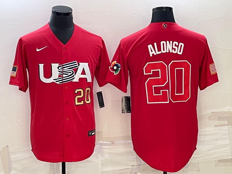 Men 2023 World Cub USA 20 Alonso Red Nike MLB Jersey7